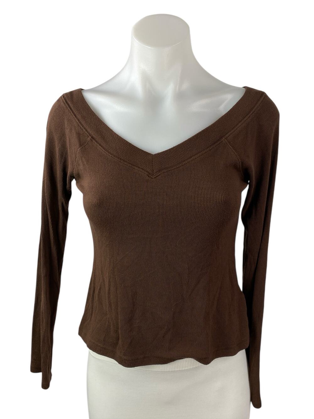 Urban Outfitters BDG Brown Ribbed Knit V Neck Long Sleeve Crop Sweater Top Sz L